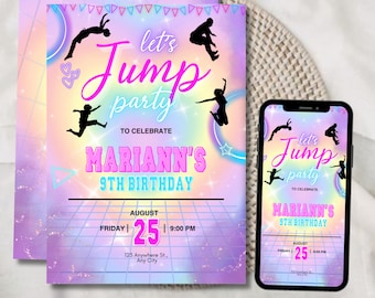 Invitación de cumpleaños con salto, invitación editable para parque de trampolines, invitación de cumpleaños con salto brillante, plantilla de Canva