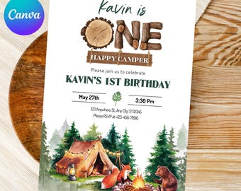 Invitación de cumpleaños de un campista feliz, primera invitación de un campista feliz para un niño, invitación temática de bosque para el primer cumpleaños de un campamento, plantilla de Canva