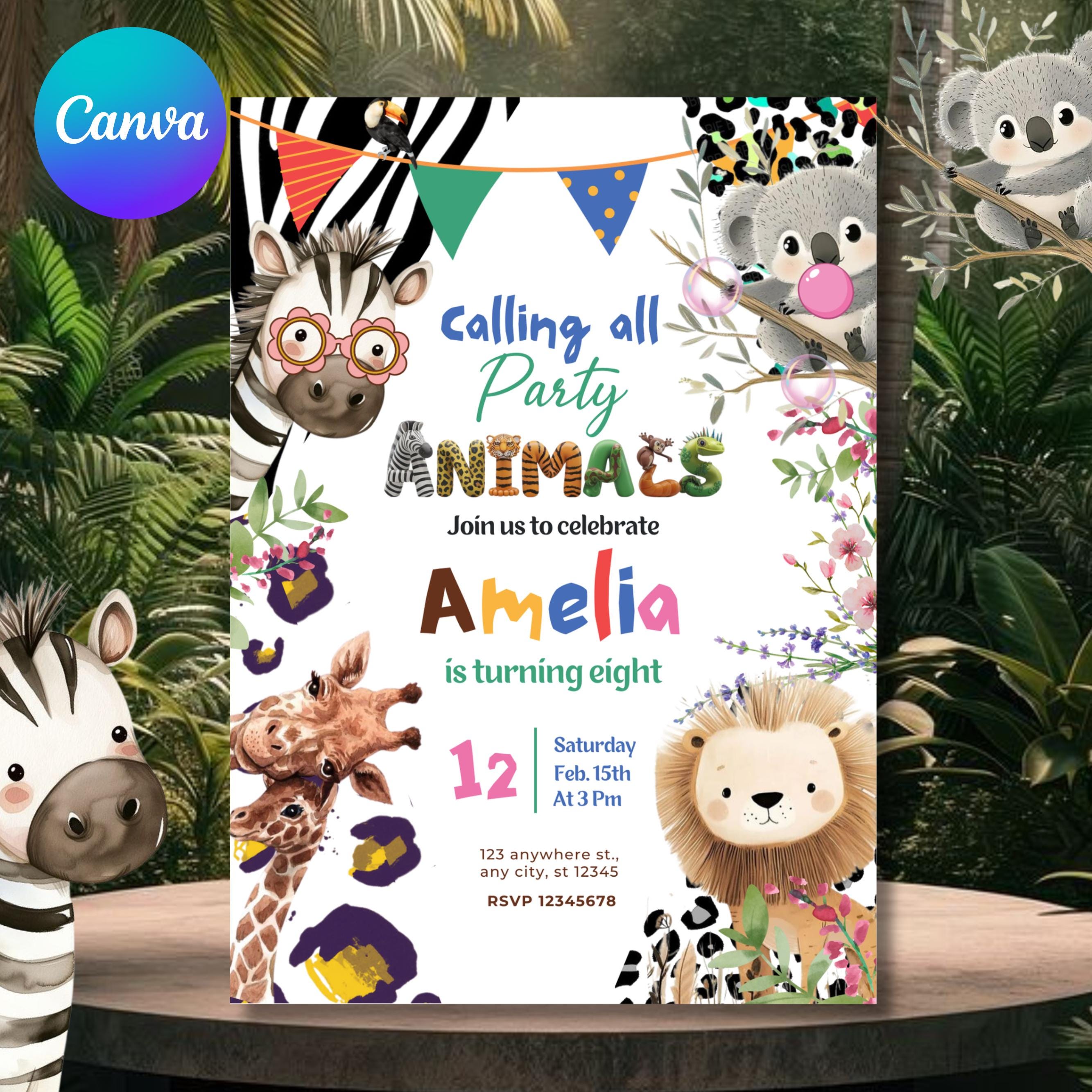 Editable Jungle Birthday Invitation Calling All Party Animals Birthday ...