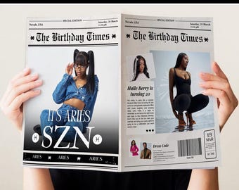 Plantilla de periódico de cumpleaños de Aries, plantilla de periódico de cumpleaños de Canva, periódico de feliz cumpleaños, imprimible, plantilla de periódico de cumpleaños grande