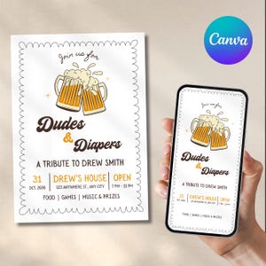 Editable Diaper Party Evite, Dudes and Diapers Invite, Beer and Diaper Party Baby Shower Evite, Dadchelor Template, Canva Template