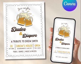編集可能なおむつパーティー招待状、Dudes and Diapersの招待状、ビールとおむつパーティーのベビーシャワー招待状、Dadchelorテンプレート、Canvaテンプレート