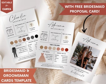 Bridesmaid info card template editable with Canva, Bridesmaid Groomsman Template, Customizable bridal party info, Bridesmaid Proposal Card