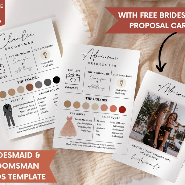 Bridesmaid info card template editable with Canva, Bridesmaid Groomsman Template, Customizable bridal party info, Bridesmaid Proposal Card