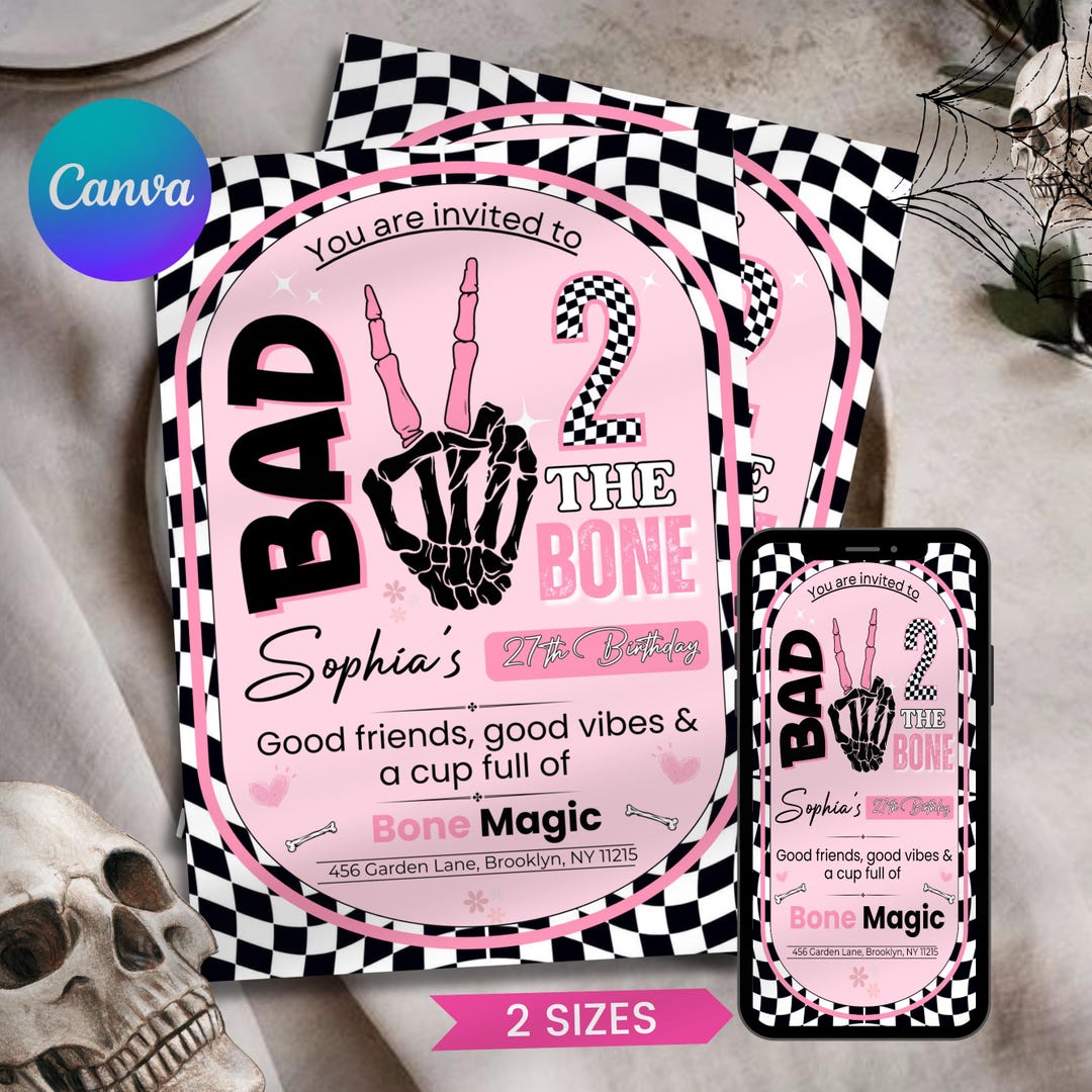 Bad Two the Bone Birthday Invitation | Editable Digital Pink Bad Invite ...