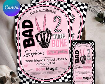 Bad Two the Bone Birthday Invitation | Editable Digital Pink bad Invite  Two Cool 2nd Birthday Girl Party |Pink Bad Bone Invitation template