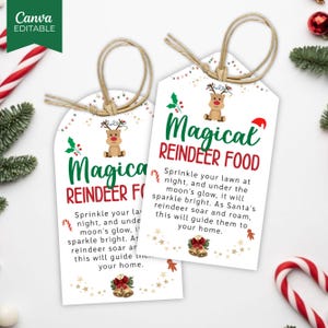Weihnachten Rentier Food Tag, Magisches Rentier Food Tag, Bearbeitbarer Weihnachtsgeschenkanhänger, Heiligabend Reindeer Sprinkle Favor Tag Canva Vorlage