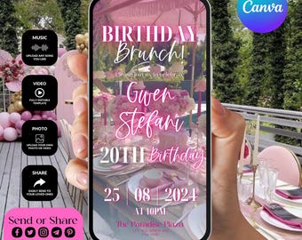 Invito per brunch di compleanno, invito per brunch di compleanno con fiori rosa neon, invito di compleanno per donne, idee per il brunch, brunch di compleanno digitale