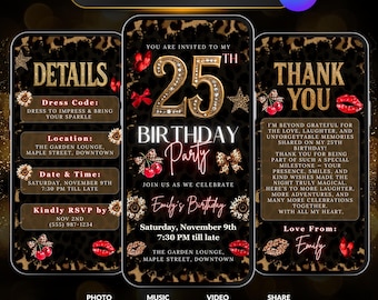 25th Cheetah Print Birthday Invitation, Leopard Party Invitation Animated Red Cherry Party Invite Adult cheetah Birthday Dinner