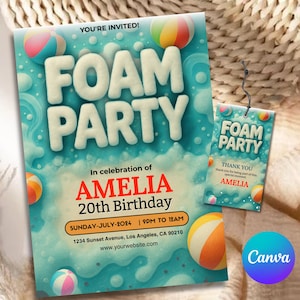 Invitación para fiesta de espuma, invitación editable para fiesta de espuma, tarjeta de cumpleaños con burbujas, invitación de cumpleaños infantil, fiesta de verano con juegos acuáticos, plantilla de Canva