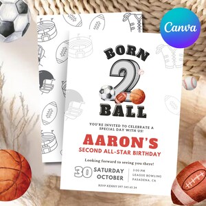 Editable Born 2 Ball Invitation For Boys, 2nd Birthday Invite Template, Printable Let's Have a Ball All Star Invite, Canva Template