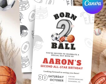 Editable Born 2 Ball Invitation For Boys, 2nd Birthday Invite Template, Printable Let's Have a Ball All Star Invite, Canva Template