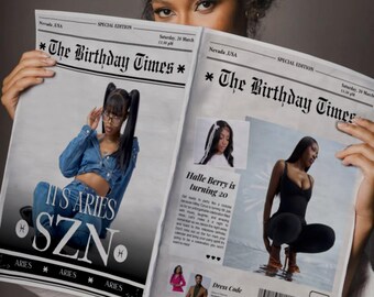 Plantilla de periódico de cumpleaños de Aries, plantilla de periódico de cumpleaños de Canva, periódico de feliz cumpleaños, imprimible, plantilla de periódico de cumpleaños grande