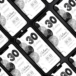 May include: A black and white digital invitation for a 30th birthday party. The invitation features a black and white illustration of balloons with the number 30 in black and white. The text on the invitation reads "Juliana is turning 30" and "Save the Date 25/12".