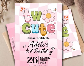 Dos lindas invitaciones de cumpleaños, plantilla editable de invitación de cumpleaños para niña, fiesta de segundo cumpleaños retro para niña, plantilla de Canva, descarga instantánea