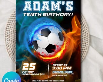 Editable Soccer Birthday Invitation, Printable Soccer Ball Invitation, Soccer Theme Party Canva Template Instant Download