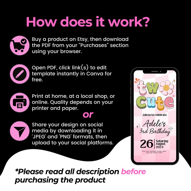 May include: A pink and white digital invitation with the text "two cute" in colorful letters. The invitation is for Adele's 3rd birthday party on August 26th, 2024. The invitation includes a pink and white checkered background and a yellow flower with a smiley face.