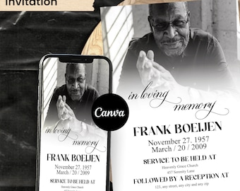 May include: Black and white digital funeral invitation for Frank Boeijen. The invitation includes a photo of Frank, his birth and death dates, and the details of the service and reception.