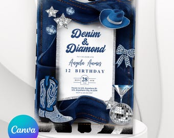 May include: A denim and diamond themed birthday invitation for a 12th birthday party. The invitation features a blue denim background with rhinestones, a cowboy hat, cowboy boots, and a disco ball. The text on the invitation reads "Denim & Diamond" and "Angela Aames 12 Birthday". The date and time of the party are listed as "Mon 28 Feb SPM". The address and RSVP information are also included.