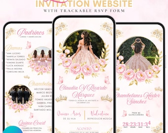 ピンク キンセアニェラ招待ウェブサイト、ピンク スイート マルメロ 招待、キンセアニェラ デジタル招待状 RSVP & カウントダウン、ミス クインセ アニョス招待