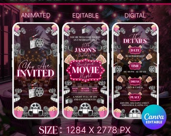 Backyard Movie Night Birthday Invitation PINK  Movie Night Birthday Party,cinema Birthday Invite,canva Template Movie Night Birthday