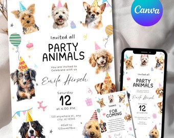 Quirky Dog First Birthday Invitation, Puppy Birthday Invitation Template, Dog Birthday Pawty Invite,Dog Theme BirthdayParty,Dog 1st Birthday