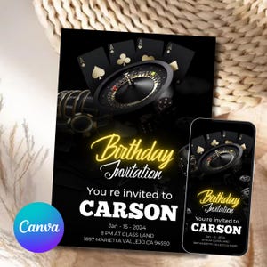 Casino Birthday Invitation, Editable Casino Theme Birthday Invitation, Casino Poker Engagement Birthday Party Invitation, Canva Template