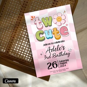 May include: A pink and white checkered birthday invitation with the text "tw cute" in colorful, outlined letters. The invitation is for Adele's 3rd birthday party on Saturday, August 26, 2024. The address is One East Sixtieth Street, New York, NY 10022-1054.