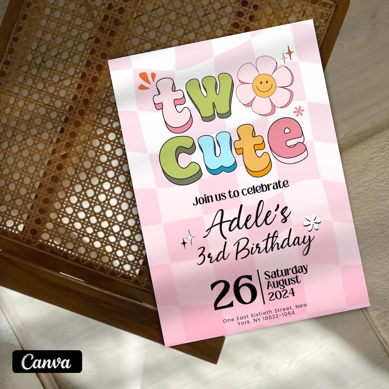May include: A pink and white checkered birthday invitation with the text "tw cute" in colorful, outlined letters. The invitation is for Adele's 3rd birthday party on Saturday, August 26, 2024. The address is One East Sixtieth Street, New York, NY 10022-1054.