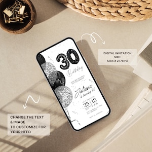 May include: A digital invitation for a 30th birthday party. The invitation features black and silver balloons with confetti and the text "30 Birthday". The invitation also includes the name "Juliana" and the date and time of the party. The text "Save the Date" is also included. The invitation is displayed on a smartphone screen.