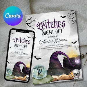 Halloween Witches Night Out Invitation, Editable Witch Birthday Invite, Witches Halloween Party, Adult Halloween Invitation, Canva Template