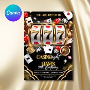 Invitación de cumpleaños de casino Invitación de cumpleaños editable con temática de casino Invitación para fiesta de cumpleaños de compromiso con póquer de casino Plantilla Canva