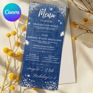 Denim en diamanten verjaardagsmenu, bewerkbaar denim en diamanten verjaardagsfeestmenu, afdrukbare dinermenukaarten, canva verjaardagsmenusjabloon