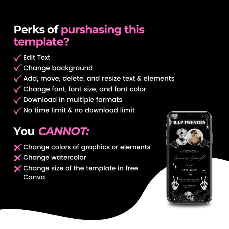 May include: A digital template advertisement on a black background with pink text listing perks and restrictions. A smartphone displays a R.I.P. Twenties birthday invitation featuring a skull, spiderwebs, and the number 30 in silver balloons.