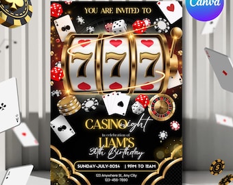 Modèle Canva d'invitation d'anniversaire de casino modifiable Invitation d'anniversaire sur le thème du casino 21, 30, 40, 50, invitation de fête d'anniversaire de poker