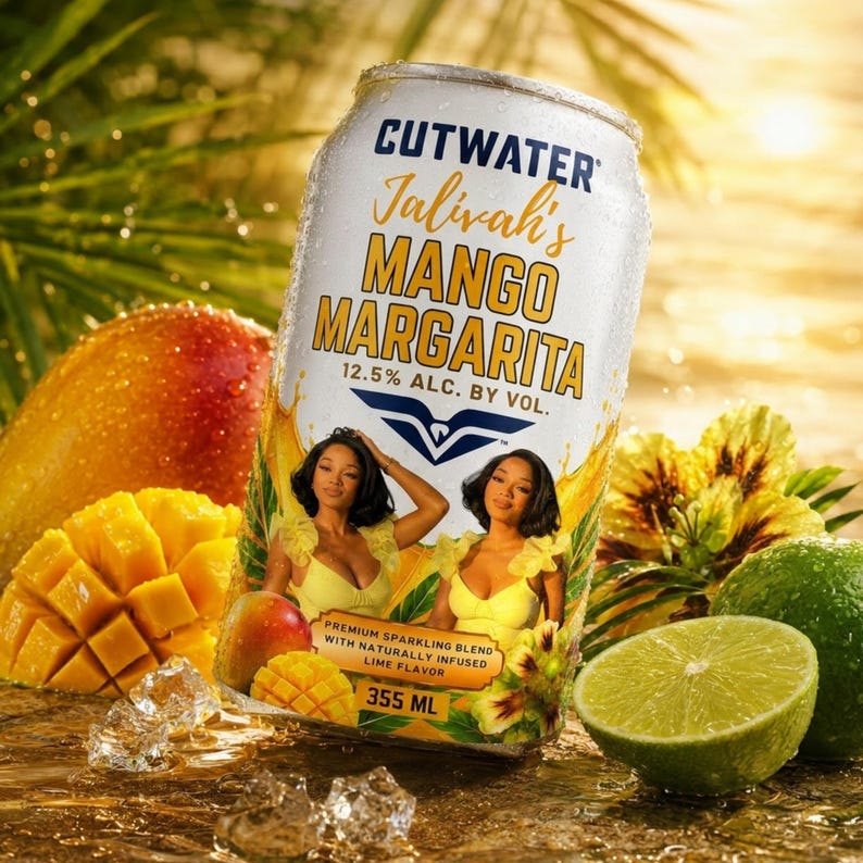 May include: A silver aluminum can of Cutwater Mango Margarita featuring the text Jalivah's Mango Margarita, 12.5% alc. by vol., and 355 ml. The label displays two women in yellow tops, surrounded by fresh mangoes, lime halves, and ice cubes.