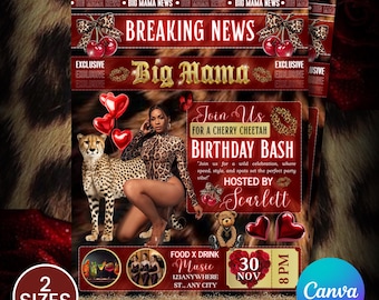 Big Mama Cheetah Print & Cherry Girls Night Birthday, Cherry Leopard Big Mama Birthday Invitation Red Black Cheetah, Cheetah Print Invite