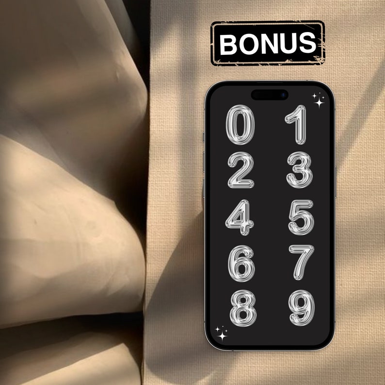 Puede incluir: Un tel&eacute;fono inteligente negro con un fondo blanco que muestra un conjunto de n&uacute;meros plateados del 0 al 9 en la pantalla. La palabra "BONUS" es visible en un rect&aacute;ngulo negro con un borde blanco desgastado.