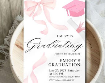 Rosa Schleifen-Abschluss-Foto-Einladung, Bogen-Graduierten-Einladung, Foto-Grad einladen, Coquette-Staffelung, Grad-Foto-Karte, Rosa Bogen-Abschlussankündigung