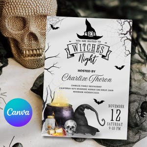 May include: A black and white Halloween party invitation with a witch's hat, cauldron, and skull. The invitation reads "You are invited to Witches Night" and includes the date and time of the event. The event is hosted by Charlize Theron at the Charlize Family Restaurant in San Diego, California.