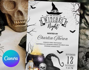 May include: A black and white Halloween party invitation with a witch's hat, cauldron, and skull. The invitation reads "You are invited to Witches Night" and includes the date and time of the event. The event is hosted by Charlize Theron at the Charlize Family Restaurant in San Diego, California.