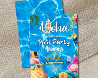 Aloha Pool Party Invitation, Editable Hawaiian Birthday Invitation, Tropical Birthday Pool Party, Canva Template, Instant Download