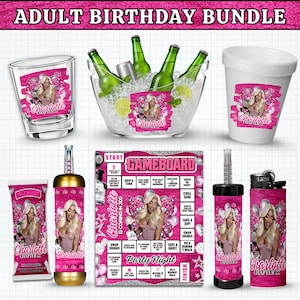 May include: An adult birthday party bundle featuring a shot glass, ice bucket, foam cup, cigar wrapper, game board, and lighter. Each item displays a pink graphic with a woman and the text Charlotte Chapter 22. The game board includes party rules.