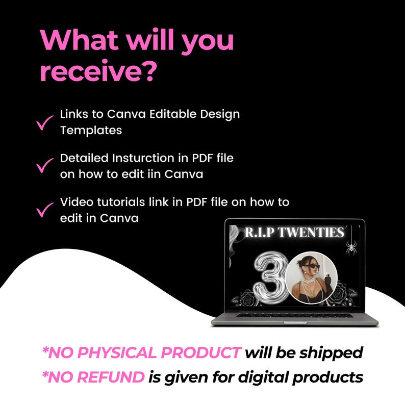 May include: A digital product listing graphic with a black background and white text reading What will you receive? It lists links to Canva editable design templates, instructions, and video tutorials. A laptop displays a R.I.P TWENTIES design.