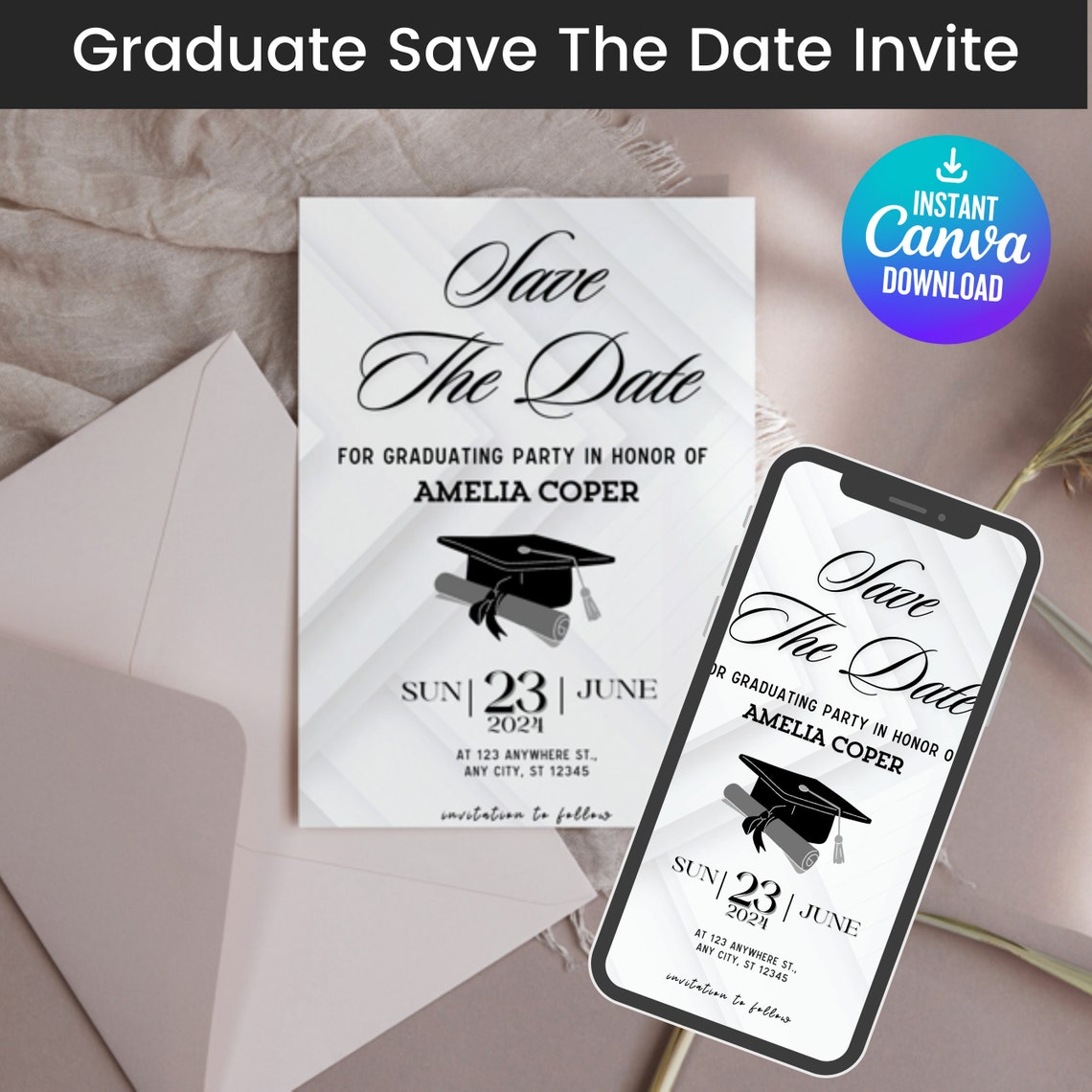 Utcom Invite Digital & Editable Save the Date Grad E-invite Template, Instant ...