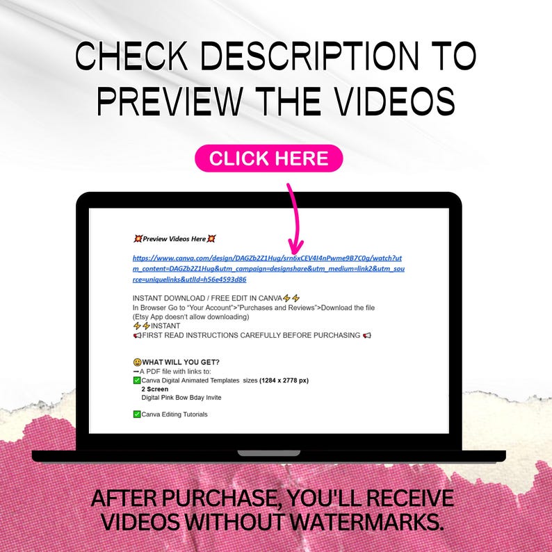 K&ouml;nnte beinhalten: Ein Laptop-Bildschirm zeigt Anweisungen zum Herunterladen eines digitalen Produkts. Der Text lautet &bdquo;CHECK DESCRIPTION TO PREVIEW THE VIDEOS&ldquo; und &bdquo;CLICK HERE&ldquo;. Der Bildschirm zeigt einen Link und Details zum Produkt, einschlie&szlig;lich Canva-Vorlagen und Tutorials.