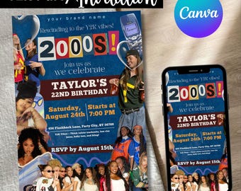2000er Retro Y2K Themen-Party Einladung, druckbare Y2K inspiriert Geburtstag Flyer, 90er Jahre Baby Throwback, Canva Vorlage Sofort-Download