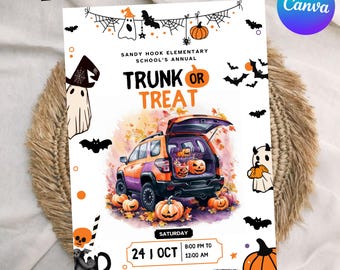 Ulotka Trunk or Treat, Szablony Trunk or Treat do szkoły lub kościoła, Zaproszenie na imprezę Halloween, Szablony Trunk or Treat, Szablon Canva