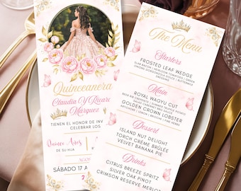 Quinceañera Birthday Menu | Sweet 15 Menu | 15th Quinceañera Birthday Canva Template | Instant Download | Event Menu Card | Mis Quince Años