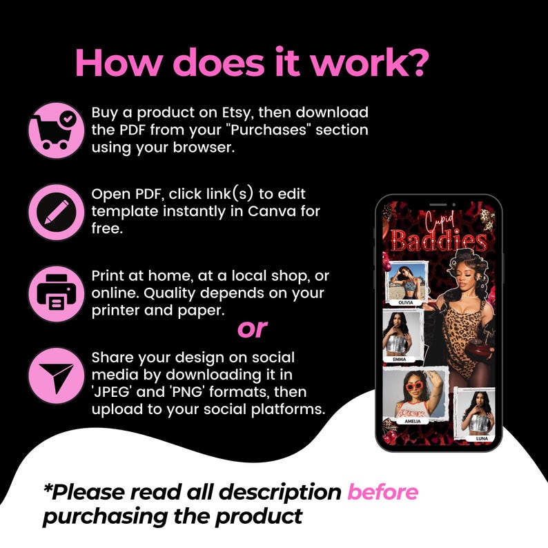 May include: Black graphic with pink text that reads "How does it work?" and instructions for downloading and using a digital product. A phone displays a design with the text "Cupid Baddies" and photos of women. The bottom text says "Please read all description before purchasing the product."